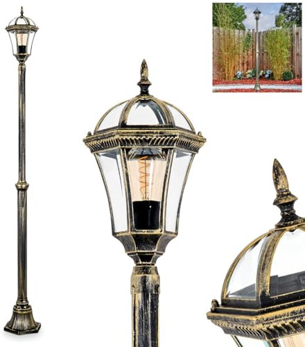 HOFSTEIN Kandelaber Lavajo, Außenwegeleuchte aus Metall/Glas in Schwarz/Gold/Klar, verstellbare Wegeleuchte im Antik/Landhaus/Vintage/Retro-Design für Garten, Außenbereich, Hof, Höhe 197 cm, E27, IP44