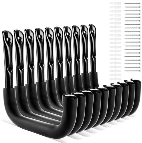 AKOLAFE 10 Stück Wandhaken zum Schrauben Schwarz Wandhaken Garage Edelstahl Leiterhaken 25 x 23 cm Wandhaken Schwerlast 25 kg J Haken Gerätehalter Wandhalterung zum Einhängen für Klappstuhl, Fahrrad