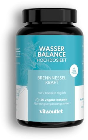 vitaoutlet | Wasser Balance | Bio Brennnessel Kapseln | Vegan | 120 Kapseln für 60 Tage | 2 kleine Kapseln täglich | Hochdosiert | Entwässerungskapseln