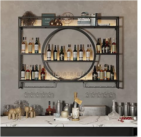 Großes, an der Wand montiertes Weinregal, Regal zur Präsentation von Schnapsflaschen, schwebende Barregale mit Weinhalter aus Eisen, hängendes Kelchregal, für Küche, Wohnzimmer, Zuhause (Far