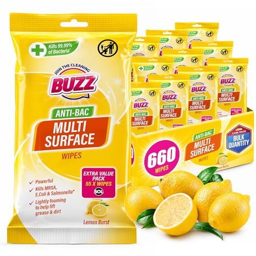 BUZZ 12pk Anti-Bac Multi Surface Wipes - 660 Sheets Lemon Scent | Streak free quick drying formula, for kitchen, home and office surfaces