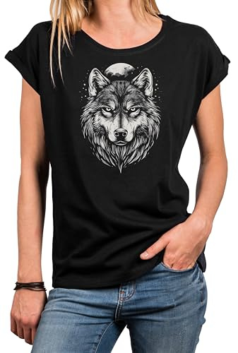 MAKAYA Damen Shirt mit Wolf Motiv Kurzarm Top Hundemotiv Wolfskopf Mond