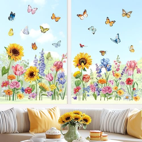 decalmile Fensterbilder Blumen Fensteraufkleber Sonnenblume FrüHling Sommer Fenster Abziehbilder Blumenwiese Wildblumen Schmetterlinge Anti-Kollision Fenstersticker Glas Fensterdeko Aufkleber