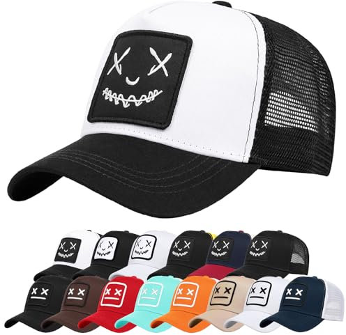 Enwokran Baseballkappe Herren Quirky Bizarre Stickerei Hüte Unisex Hip Hop Trucker Caps Verstellbare Netzrückseite UV-Schutz Sport Reisen Draußen Sonnenschutz Hüte Baseball Cap (A_Schwarz Weiß)