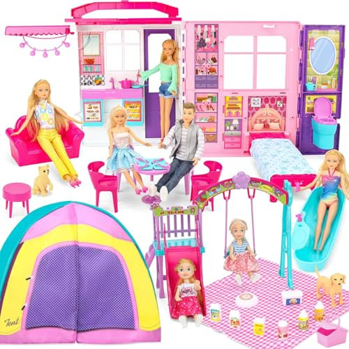 Doll House Gift Set for Dolls and Barbie with 60PCS & 2 x 5.5inch Dolls: featuring a living room, kitchen, bedroom, outdoor slide/swing and camping playset