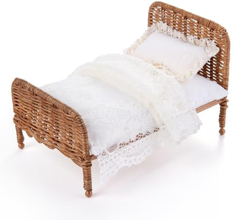 Minamzee 1:12 Puppenhaus Möbelbett, Miniatur Pastoralstil Weiß Rattan Bett mit Abnehmbare Spitze Bettwäsche Schlafzimmer Möbelzubehör Set für Puppenhausmöbel