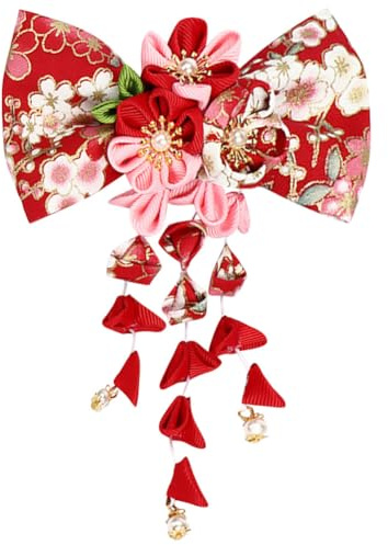 Umibow Pince à cheveux japonaise pour kimono, fleur, avec nœud en forme de ruban, épingle à cheveux de style traditionnel Tsumami Kanzashi, barrettes Hanfu, épingle à cheveux pour mariage (Rouge)