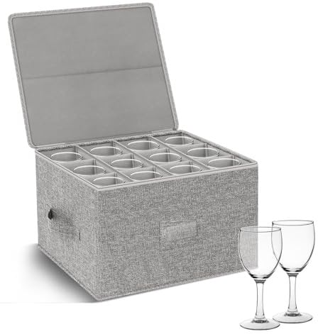 Wine Glass Storage Box with Lid, Hard Shell Stemware Container Cases, Packing Boxes for Moving Crystal Glassware, Champagne Flute, for Kitchen, Camping, Motorhome, 12 Dividers for Drinkware