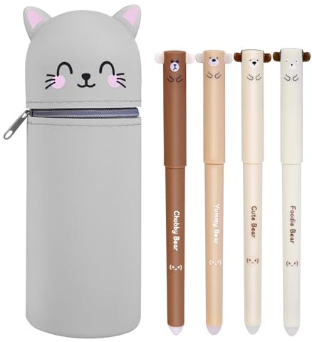 POFIBO Weiche Silikontasche Kawaii Federmäppchen, 2 in 1 Stand up Reißverschluss Tischstifthalter, Cartoon Mäppchen mit 4 Radierbare Stifte für Schule Home Office Supplies Katze Pencil Case