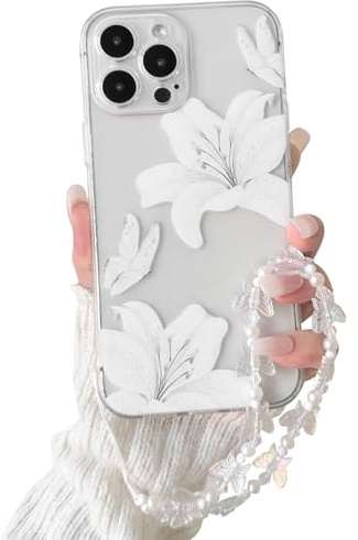 NITITOP for iPhone 13 Pro Case Clear Cute Flower Lily Chain,White | for Women Girls, Floral Butterfly Design, with Wrist Strap, Soft TPU Shockproof Cover, Full Camera Protection
