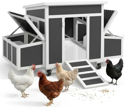 PawHut Hühnerstall Hühnerauslauf für 2-4 Hennen, Dunkelgrau | Outdoor-Geflügelkäfig, Kaninchenstall, Entenstall, Hühnerhaus mit Nistkasten, Schublade, Fenster