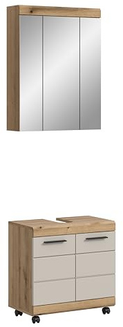 xonox.home – 2 tlg. Badkombination Scout 60x191x34 cm in Evoke Oak & Kaschmir – Mobiles Set aus Waschbeckenunterschrank & Spiegelschrank auf Rollen – Edle Farbkombination für ein modernes Badeambiente
