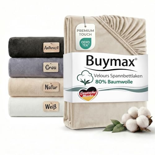Premium Baumwoll Velours Spannbettlaken 140x200 cm–160x200 cm Beige – Kurzflor Samtig Weich, Cashmere Touch – 80% Baumwolle / 20% Polyester – Für Matratzen bis 25 cm Höhe
