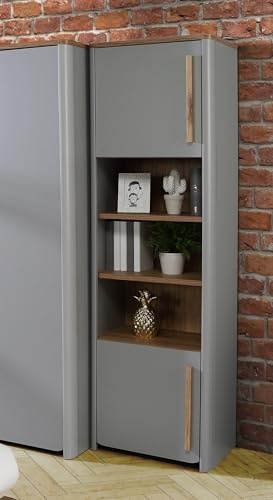 möbelando Standregal >SURFINIO< in Grau/Catania Eiche - 58,6x194,3x41,3cm (BxHxT)