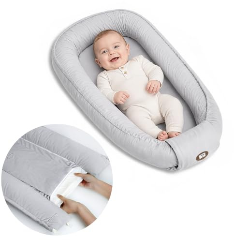Babynest Neugeborene 95x56cm,Vollständig Abnehmbar Nestchen Baby,0-6 Monate | Babynestchen Neugeborene Waschbar,Babynestchen Verstellbar Tragbar,Multifunktional Kuschelnest für Jungen und Mädchen,Grau