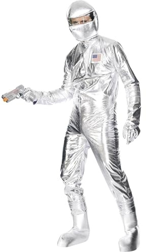 Smiffys Spaceman Costume, Silver with Jumpsuit, Hood, Gloves and Boot Covers, Icons & Idols Fancy Dress, Adult Dress Up Costumes
