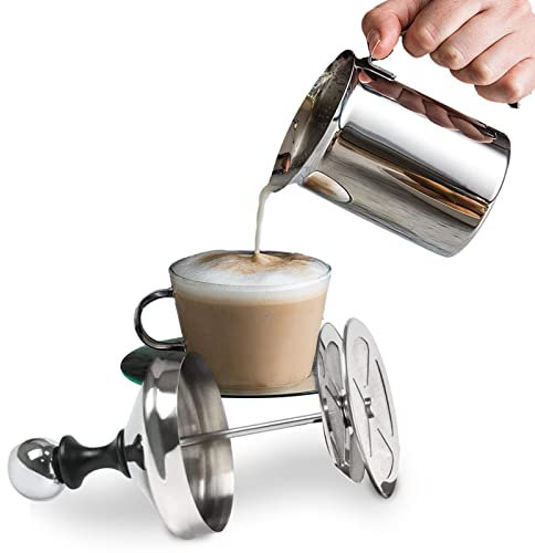 HEPVET 10 Pcs Leche Manual - Espumador Manual Bomba Leche Manual,Jarra Espuma café con Leche Cappuccino con asa, Tapa, Pantalla Filtro Doble Capa, Acero Inoxidable