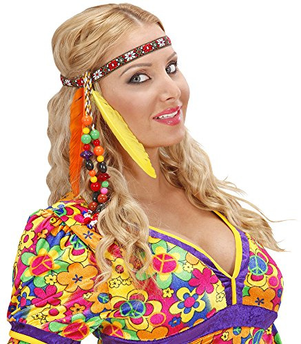 W WIDMANN MILANO Party Fashion - Hippie Stirnband | Mit bunten Federn und Perlen, 60er-Jahre-Kostümzubehör für Karneval, Mottoparty und 60s-Events