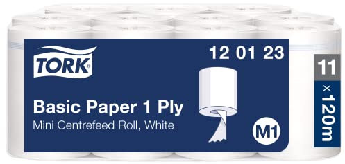 Tork Papier d'Essuyage Basic pour Distributeur à Dévidage Central blanc M1, Bobine d'Essuyageéconomique, 11 x 120 m, 120123