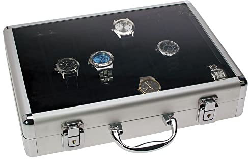 SAFE 266-3 ALU Uhrenaufbewahrungsbox Herren mit 18 Uhren-Schmuckhalter in schwarzem Samt - abschließbare Uhren Box mit Glasdeckel und abnehmbaren Uhrenkissen