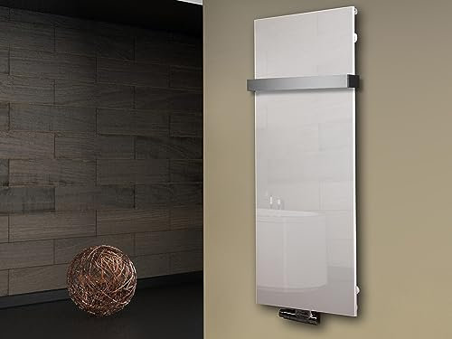 Badheizkörper mit Glas Design Montevideo 2 (Glasfront) 120x47cm 799Watt weiß (+1 Halter 50mm) SZAGATO Handtuchwärmer Handtuchtrockner Handtuchhalter Paneelheizkörper vertikal Flachheizkörper