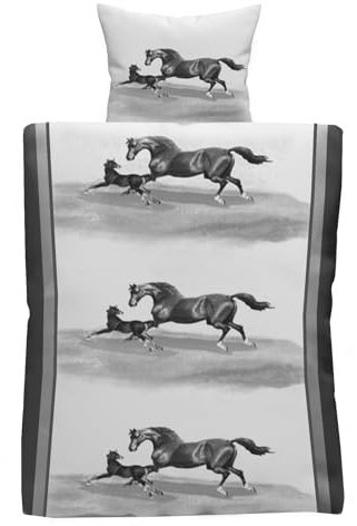 Microfaser Bettwäsche Set 135x200 2-teilig mit Reißverschluss in den Farben Grau-Weiß Pferde warm atmungsaktiv Bettbezug Kissenbezug Kinderbettwäsche80 x 80 cm