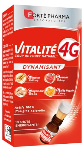 Forté Pharma Complément énergie Vitalité 4G Dynamisant 10 shots | Booster d'energie immediate et anti fatigue à boire, Ginseng Gingembre, Guarana et Gelée Royale, 10 jours