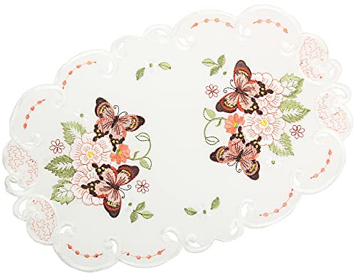 Quinnyshop Rosa Schmetterlinge Stickerei Frühling Tischdecke Tischläufer ca. 30 x 45 cm Oval Polyester, Weiß