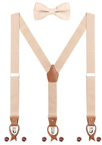 Herren Hosenträger Fliege Set 2 WAY TO WEAR 6 Leder Knopfloch 3 Clips Y-Form 3,5cm Breit Verlängerte Hosenträger für Körpergröße 160-200cm - Beige
