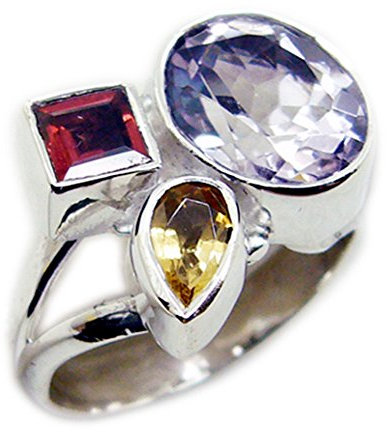 CaratYogi Natürlicher Amethyst Citrin Granat CZ Silber Ring Gemischte Form Lünette Stil Größe 62 (19.7)
