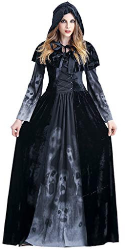 Battnot Halloween Kostüm für Damen Maxi Kleider+Umhang 2-teiliges Set, Frauen Hexe Cosplay Horror-Vampir Party Vintage Langarm Hausfrau Abend Abschlussball Schwingen Kleidung Womens Dress S-XXL