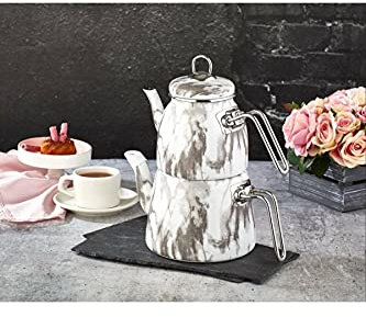 Paci Elite Class - Teiera Caydanlik Email Turca, colore: Bianco Marmorizzato a induzione