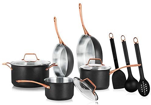 NutriChef Non-stick Kitchenware Pots & Pans - 11 Pcs. Stylish Kitchen Cookware Set w/ Modern Cookware Design, Small & Medium Skillet Fry Pans w/ Golden Handles, - NCONYX