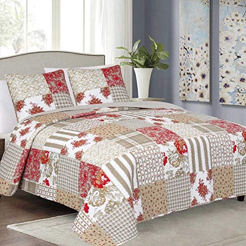 Euromat Tagesdecke Steppdecke Bettüberwurf Gesteppte Tagesdecke mit 2 Kissenbezüge 40x40 cm- (Beige Rot Weiß Americana- J-080, 180x220 cm)