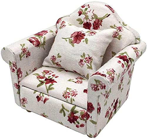 LATRAT Puppenhaus Sofa, 1:12 Puppenhaus Miniatur Möbel Modell Tuch Blumenmuster Couch Sessel Sofa Mit Kissen, Zubehör Blumenmuster Mini Möbel Sofa Set mit Rückenkissen (Safran)