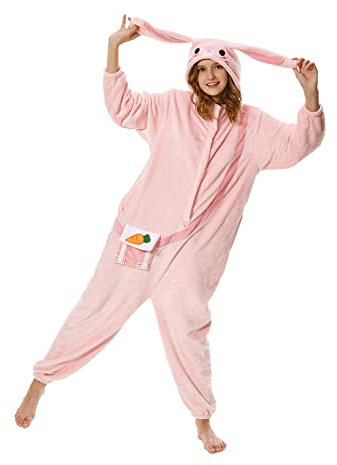 OLAOLA Erwachsene Hase Einteiler Tier Pyjama Flanell Homewear Nachtwäsche Halloween Cosplay Kostüm Overall für Damen Herren, Adult Bunny, L