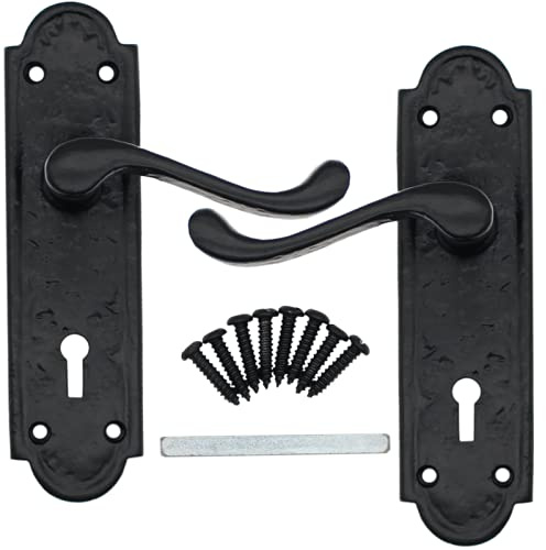 EAI Black Door Handles with Sash Lock, 1 Pack - Iron Scroll | Complete Sash Lock Kit with 1 Pair of Lever on Backplate Door Handles, Sash Lock, Fixings Included