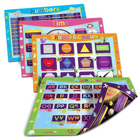 Childrens Dinner Placemats Set of 4 Double Sided Kids Elementary Educational Kitchen Table Food Mats - Easy to Clean - 8 Designs