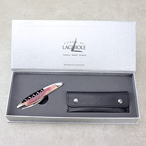 Forge De Laguiole - Juego de cuchillos de camarero (mango de madera de roble brillante, funda de piel negra y gamuza limpiadora)