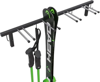 QLS Handels Skihalterung S3 Wand Skihalter für 4 Paare 83 cm Nordic Walking Trekking Stöcke Skiträger Hakenleiste mit schützender Gummierung zur platzsparenden Aufbewahrung