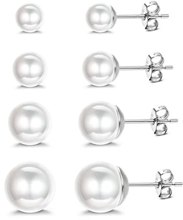 ORAZIO 4 Paar Perlen Ohrstecker Silber 925 Runde Kugelperlen Gemischte Größen 5-10 mm Ohrstecker Hypoallergen Süßwasserperlen Ohrringe Set für Mädchen Frauen
