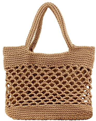 Hsthe Sea Bolsa de playa de paja, bolsa de hombro para mujer, bolso de verano para mujer, bolsa de cubo de tejido, bolsa de cesta de rafia, bolsa cruzada casual al aire libre, (camello), Talla única