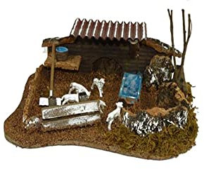 Scenario FATTORIA GRANDE con tettoia COMPLETA con pecorelle recinto in Miniatura per Presepe 25 x 19 x h.11 cm Stalla in legno soggetti Presepio Animali da Cortile