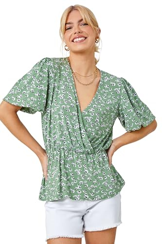 Dusk Fashion Women Ditsy Floral Print Peplum Top - Ladies Spring Everyday Summer Holiday V-Neckline Comfy Short Sleeve Soft Shirt Relaxed All-Over Blouses - Sage - Size 10
