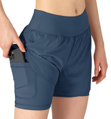 YSENTO Damen Sport Shorts Sommer 2 in 1 Kurze Sport Training Jogging Fitness Lauf Yoga Hose Schnelltrocknende mit Tasche(grau blau,S)