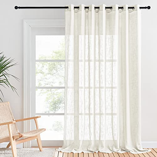 PONY DANCE Single Panel Net Curtain 100 x 95 Inches - Extra Wide Linen Look Voile Curtain for Interior Semi Transparent Window Treatment with Elegant Eyelet Top, 1 Panel, Light Beige
