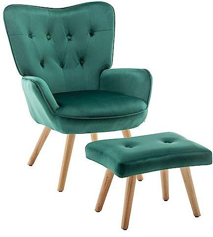 HollyHOME Fauteuil avec Repose Pied Scandinave Fauteuil de Salon Relax Chaise Velours Fauteuils D'appoint en Bois Fauteuils de Lecture pour Chambre à Coucher, Vert