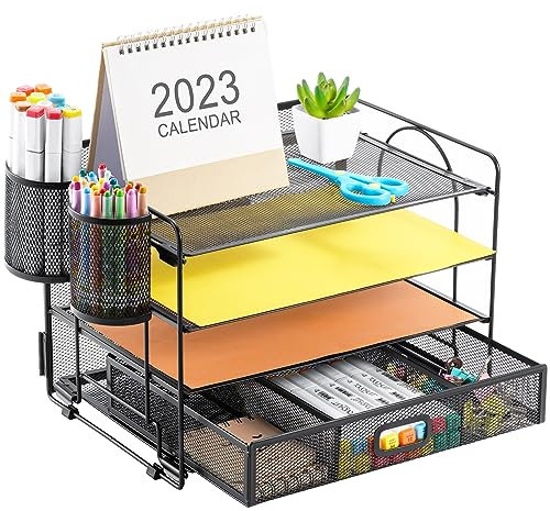 Marbrasse Schreibtisch Organizer-Tablett,4-Stöckig Papier Briefablage Organizer mit Schublade,2 Stifthalter,Netz-Schreibtisch-Organizer für Zuhause Bürobedarf(Schwarz)