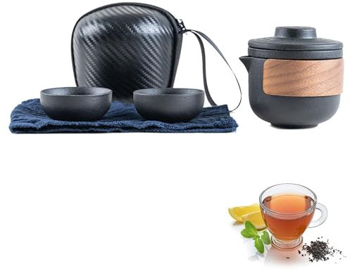 Mini Travel Ceramic Teapot Set, Chinese Kung Fu Teapot, Portable Anti-Burn Travel Tea Set with Tea Infuser, Tea Cups Travel Tea Set with Portable Bag for Outdoor Picnic (Black-2 Cups)