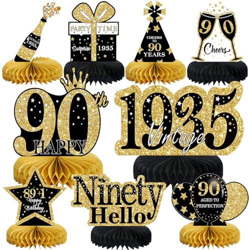 9Pcs 90th Birthday Decorations Honeycomb Centerpieces for Women,Black Gold Happy 90th Birthday Centerpieces Tables Toppers Party Decorations Supplies, Vintage 1935 Aged Birthday Table Sign Decor